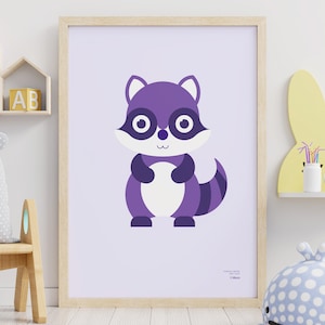 Póster minimalista de Mapache para habitación infantil. Póster de animales para niños pequeños. Ilustración de animales para niños.