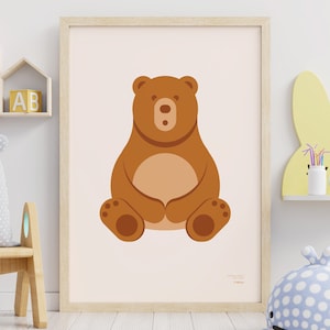 Póster minimalista de oso para habitación infantil. Póster de animales para niños pequeños. Ilustración de animales para niños.