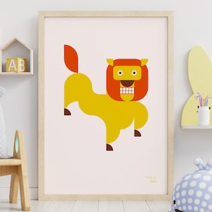 Póster minimalista de león para habitación infantil. Póster de animales para niños pequeños. Ilustración de animales para niños.