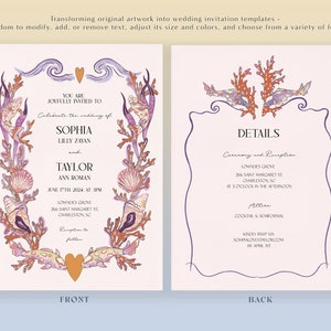 Personalize this ocean inspired wedding invitation with your unique details. This wedding invitation boasts a digital illustration, resulting in a design with shells, fish, coral and other seaside motifs. A pink color palette with pops or vermillion.