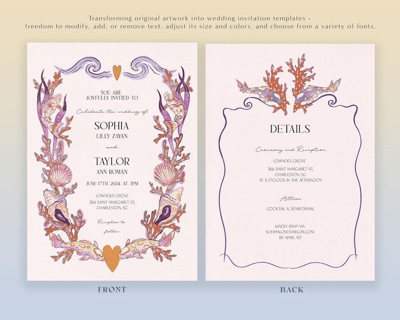 Personalize this ocean inspired wedding invitation with your unique details. This wedding invitation boasts a digital illustration, resulting in a design with shells, fish, coral and other seaside motifs. A pink color palette with pops or vermillion.