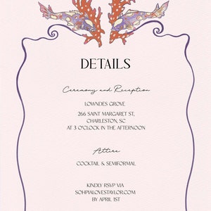 Pink, Beach Inspired Wedding itinerary Template. Adorned with illustrations of sea coral and fish.