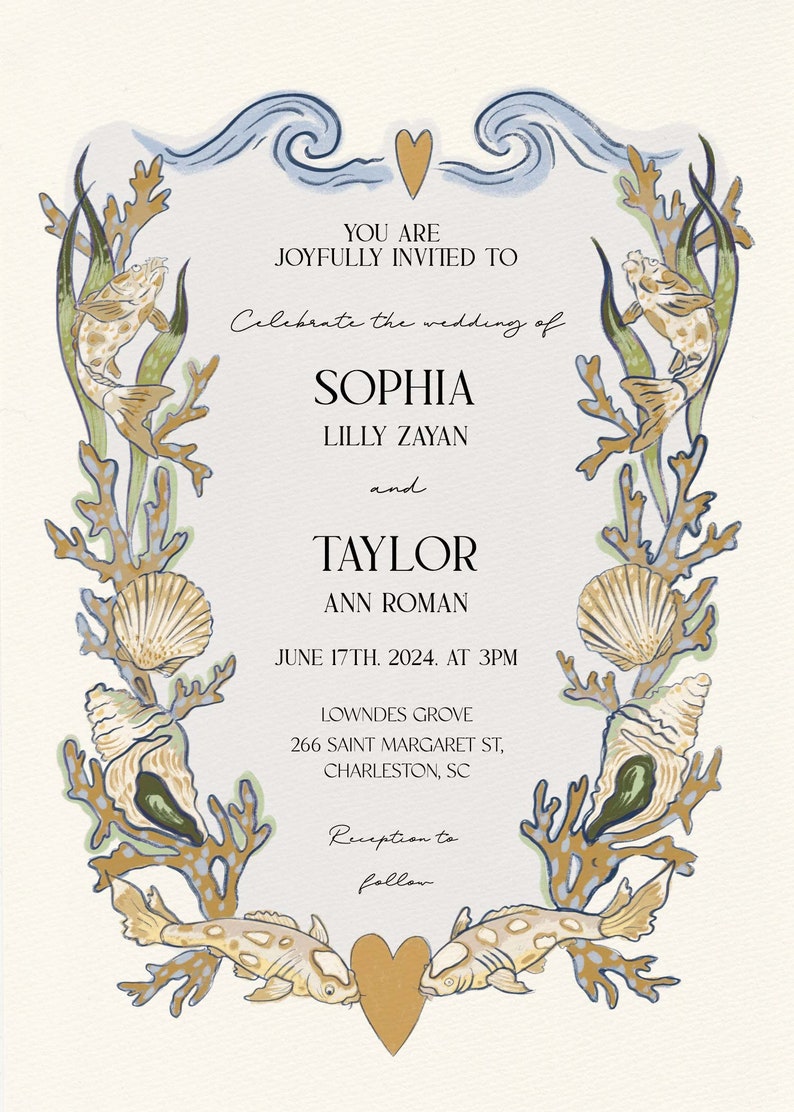 This wedding invitation and itinerary features a sea fauna inspired illustration - a charming design adorned with seashells, coral, fish and other ocean motifs. This template boasts a earth toned colorway with pops green, burnt sienna and blue.