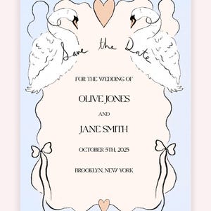 Love Birds Save The Date - Cisnes, Corações, Fita - Estilo de Cartão Postal, Download de Modelo Editável