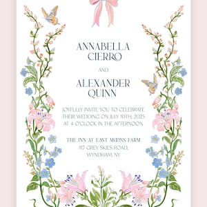 Huwelijksuitnodiging tuinfeest en details, handgeschilderd, wilde bloemen, strikken, vlinder, bewerkbare sjabloondownload