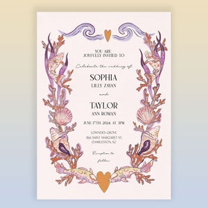 Sea fauna and ocean inspired wedding invitation. Purple and Pink palette of coral, shells, fish and sea plants create a beautiful frame around custom wedding details.