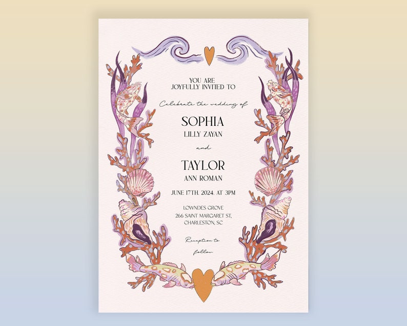 Sea fauna and ocean inspired wedding invitation. Purple and Pink palette of coral, shells, fish and sea plants create a beautiful frame around custom wedding details.