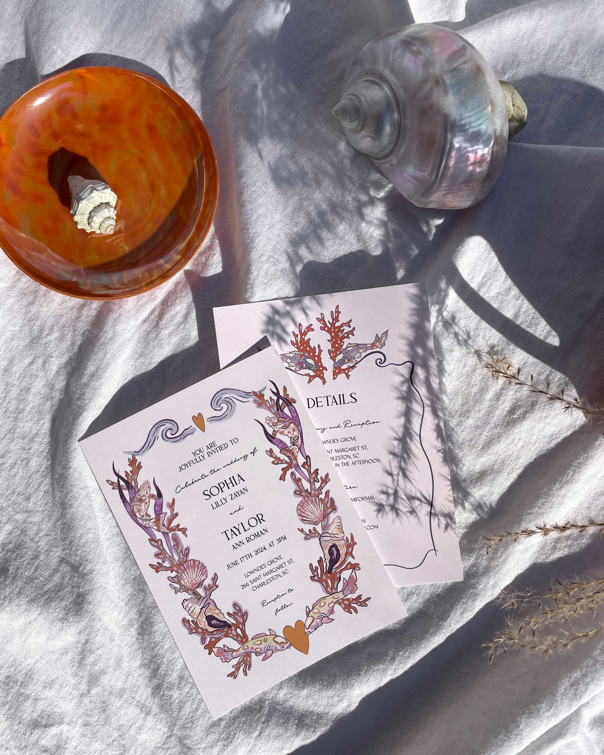 Beach Wedding Invitation Template, Shells, Coral, and Waves ...