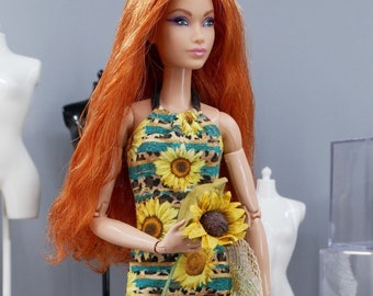 Neckholder-Kleid "Sunflower" für 12" Fashion Dolls - Fashion Royalty FR2-6/NuFa2+3 oder Made to Move Barbie