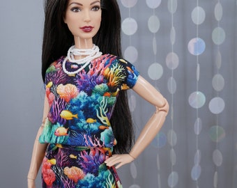 T-shirt Kleid "Corals #3" mit Gürtel, für Mtm Barbie, Fashion Royalty und ähnliche 12" Mode-Puppen