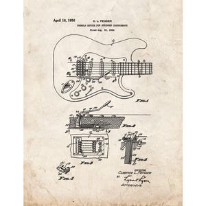 Clarence Fender Stratocaster Patent Print Poster - 1956 -  Historical Vintage Wall Art