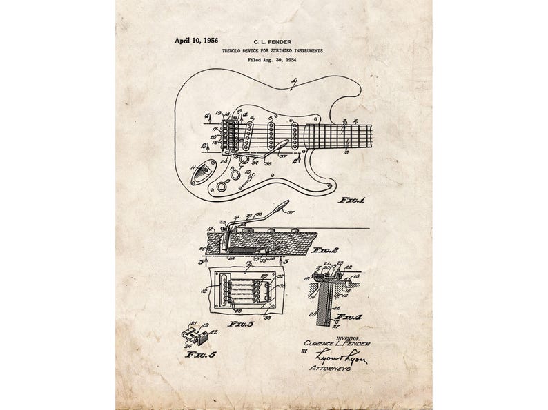 Clarence Fender Stratocaster Patent Print Poster - 1956 - Historical Vintage Wall Art image 1