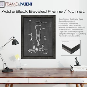 May include: A black beveled frame with a vintage medical stethoscope patent print. The frame is made of real poplar wood and has beveled edges. The frame is 0.875 inches wide and 0.56 inches thick. It comes in sizes from 5x7 to 20x24 inches. The frame is available with glass or plexi-glass. It includes hangers and is easy to hang. The frame is available with or without a creme mat.