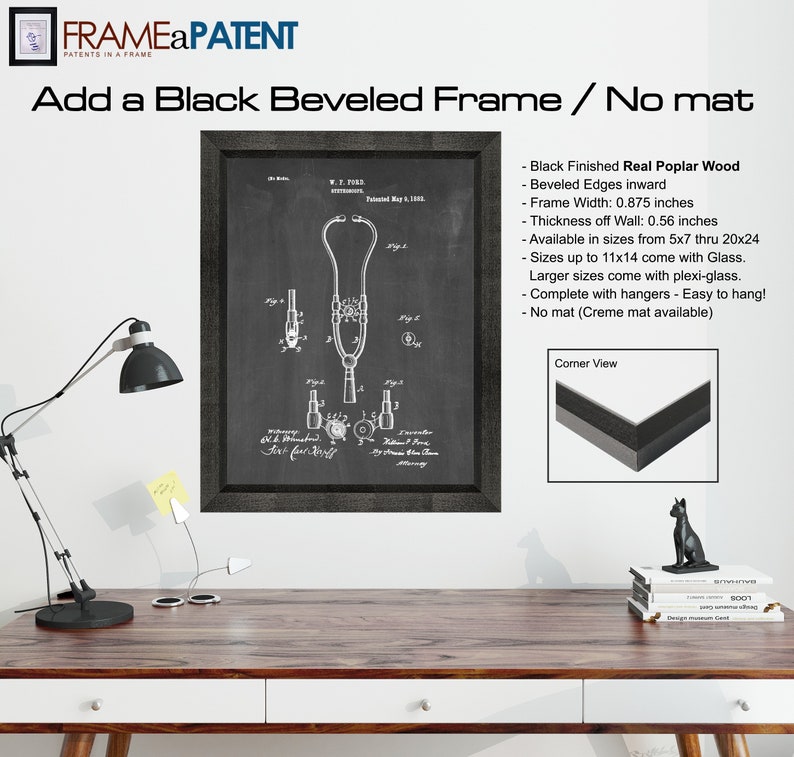 May include: A black beveled frame with a vintage medical stethoscope patent print. The frame is made of real poplar wood and has beveled edges. The frame is 0.875 inches wide and 0.56 inches thick. It comes in sizes from 5x7 to 20x24 inches. The frame is available with glass or plexi-glass. It includes hangers and is easy to hang. The frame is available with or without a creme mat.