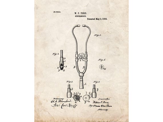 Doctor's Stethoscope Patent Print Poster - 1882 -  Historical Vintage Wall Art