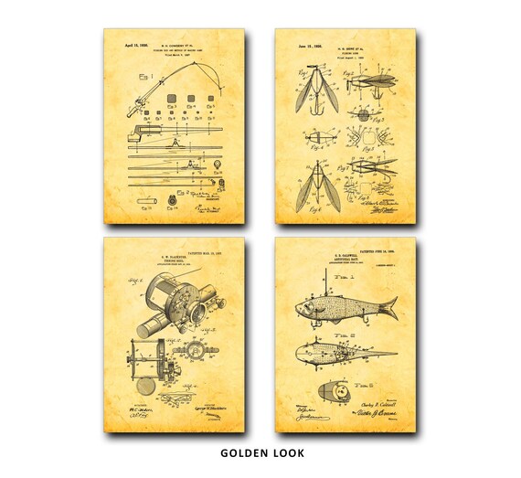 Fishing Patent Print Set of 4 Fishing Rod, Lure, Reel, Bait Patent