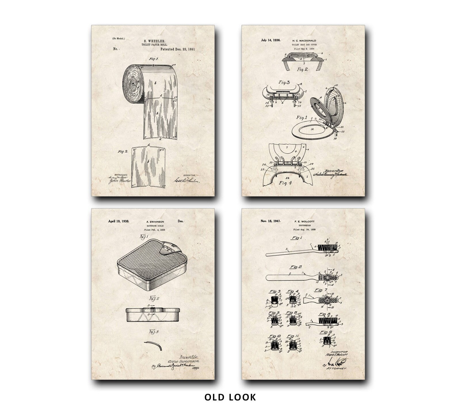 Bathroom Patent Print Set of 4 - Toilet Paper - Tooth Brush Patent Art ...