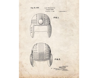 Football Helmet Patent Print Poster - 1936 -  Historical Vintage Wall Art