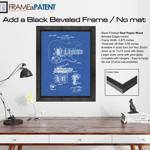 May include: A blue and white patent drawing of an electric guitar with the text "Fender Electric Guitar" and "April 21, 1954" in the top left corner. The drawing is framed in a black beveled frame with a black mat. The frame is available in sizes from 5x7 to 20x24 inches. The frame is made of real poplar wood and has beveled edges. The frame comes with hangers and is easy to hang.