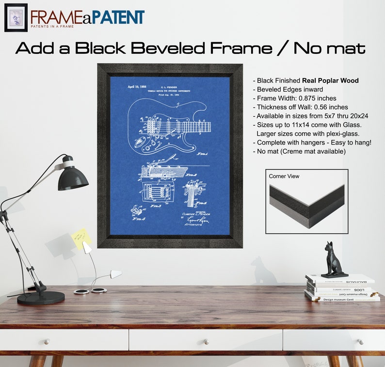 May include: A blue and white patent drawing of an electric guitar with the text "Fender Electric Guitar" and "April 21, 1954" in the top left corner. The drawing is framed in a black beveled frame with a black mat. The frame is available in sizes from 5x7 to 20x24 inches. The frame is made of real poplar wood and has beveled edges. The frame comes with hangers and is easy to hang.