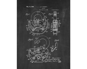 Padlock Patent Print Poster - 1936 -  Historical Vintage Wall Art