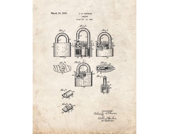 Padlock Patent Print Poster - 1932 -  Historical Vintage Wall Art