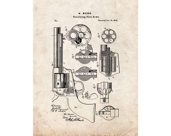 Mason Revolving firearm Patent Print Poster - 1875 -  Historical Vintage Wall Art