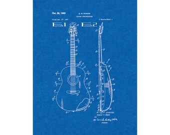 Guitar Construction Patent Print Poster - 1969 -  Historical Vintage Wall Art