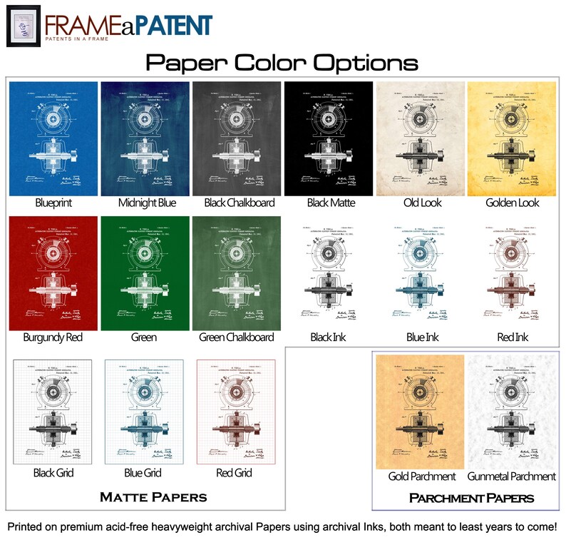 Pu&ograve; includere: Un grafico che mostra diverse opzioni di colore della carta per una stampa di brevetto. Le opzioni includono: Blu stampa, Blu notte, Lavagna nera, Nero opaco, Aspetto antico, Oro, Rosso Borgogna, Verde, Lavagna verde, Inchiostro nero, Inchiostro blu, Inchiostro rosso, Griglia nera, Griglia blu, Griglia rossa, Pergamena dorata e Pergamena metallica. Il testo "Carte opache" e "Carte pergamena" &egrave; incluso.