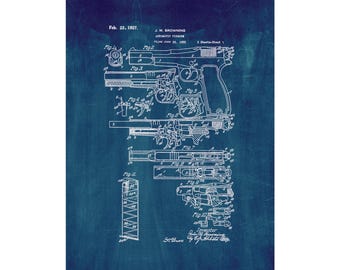 FN and Browning Hi-Power Pistol Patent Print Poster - 1927 -  Historical Vintage Wall Art