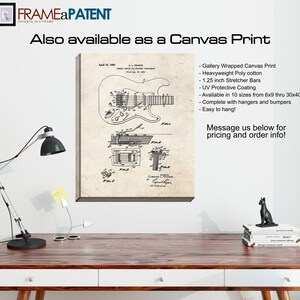 May include: A black and white line drawing of a guitar patent. The patent is for a "Treble Device for Stringed Instruments" and was filed by C.L. Fender on April 10, 1954. The image is framed and available as a canvas print.