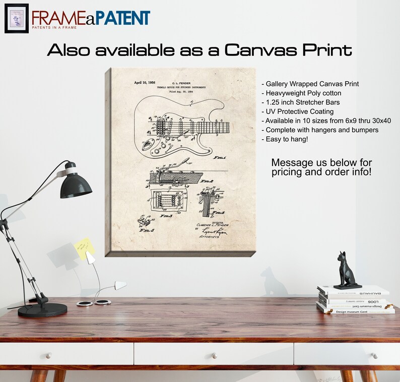 May include: A black and white line drawing of a guitar patent. The patent is for a "Treble Device for Stringed Instruments" and was filed by C.L. Fender on April 10, 1954. The image is framed and available as a canvas print.