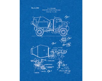 Single Motor Transit Concrete Mixer Patent Print Poster - 1953 -  Historical Vintage Wall Art
