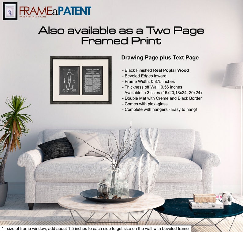 May include: A framed print of a patent drawing for a two-page framed print. The print is available in three sizes: 16x20, 18x24, and 20x24 inches. The frame is made of black finished real poplar wood with beveled edges. It comes with a double mat in creme and black, plexi-glass, and hangers. "Drawing Page plus Text Page" is written in black text on a white background.