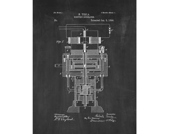 Tesla Electric Generator Patent Print Poster - 1894 -  Historical Vintage Wall Art