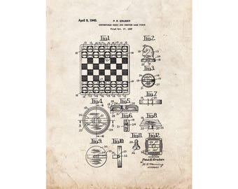 Convertible Chess and Checker Game Piece Patent Print Poster - 1940 -  Historical Vintage Wall Art
