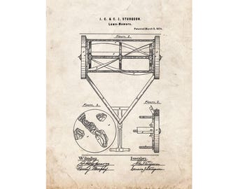 Lawn Mower Patent Print Poster - 1874 -  Historical Vintage Wall Art