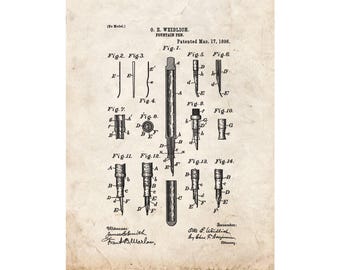 Fountain Pen Patent Print Poster - 1896 -  Historical Vintage Wall Art
