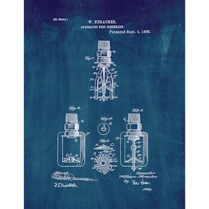 Automatic Fire Sprinkler Patent Print Poster - 1888 -  Historical Vintage Wall Art
