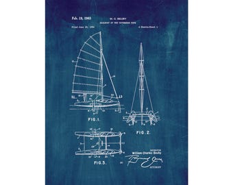Sailboat Of The Catamaran Type Patent Print Poster - 1963 -  Historical Vintage Wall Art
