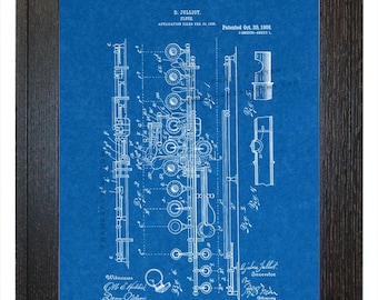 Framed Patent Art - Flute WITH Real Rustic Wood Frame - Framed Patent Print