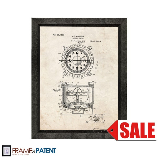 Magnetic Compass Patent Print Poster - 1923 - Historical Vintage Wall Art - Great Gift Idea