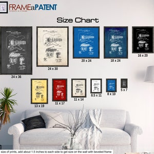 May include: Size chart for framed prints of a vintage guitar patent drawing. The chart shows different sizes in inches, ranging from 5x7 to 24x36. The prints are available in various colors, including black, white, red, blue, and yellow.