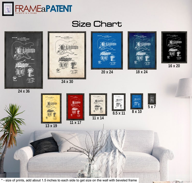 May include: Size chart for framed prints of a vintage guitar patent drawing. The chart shows different sizes in inches, ranging from 5x7 to 24x36. The prints are available in various colors, including black, white, red, blue, and yellow.