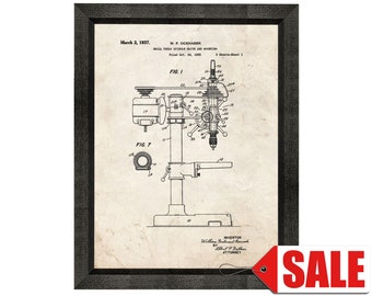 Drill Press Patent Print Poster - 1937 - Historical Vintage Wall Art - Great Gift Idea