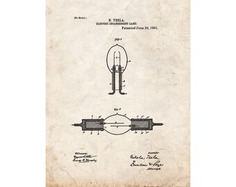 Tesla Electric Incandescent Lamp Patent Print Poster - 1891 -  Historical Vintage Wall Art