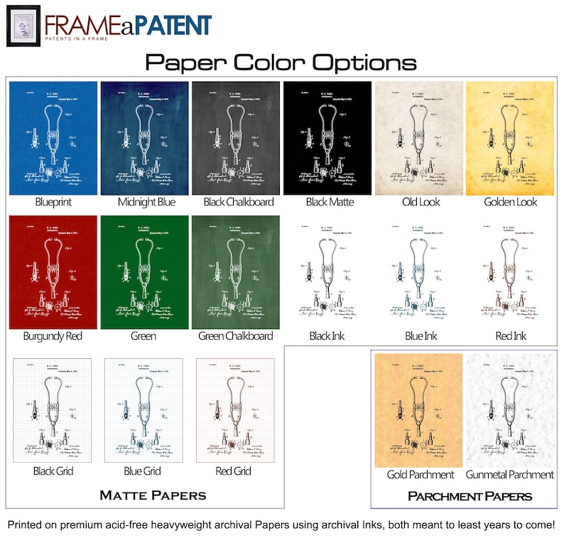 May include: A chart showing different paper color options for a patent print. The options include: Blueprint, Midnight Blue, Black Chalkboard, Black Matte, Old Look, Golden Look, Burgundy Red, Green, Green Chalkboard, Black Ink, Blue Ink, Red Ink, Black Grid, Blue Grid, Red Grid, Gold Parchment, and Gunmetal Parchment. The text "Matte Papers" and "Parchment Papers" are also included.