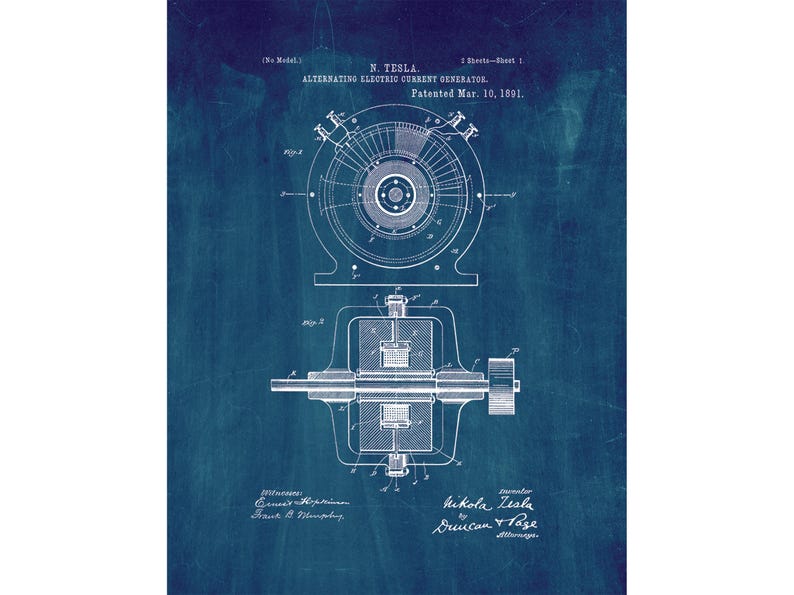 Tesla Alternating Electric Current Generator Patent Print Poster - 1891 - Historical Vintage Wall Art immagine 1