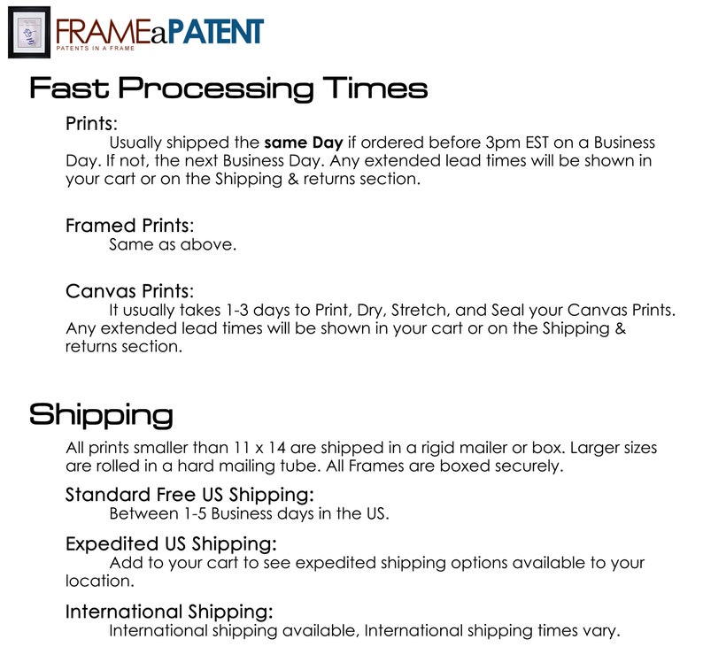 May include: A text-based document outlining the processing times for prints, framed prints, and canvas prints. It also includes information about standard and expedited shipping options for the United States and international shipping.