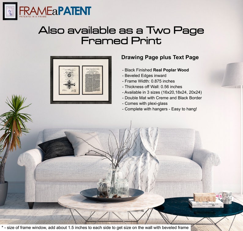 Pu&ograve; includere: Una stampa incorniciata di un disegno di brevetto su due pagine. Il disegno mostra un progetto di aeromobile. La stampa &egrave; disponibile in tre dimensioni: 16x20, 18x24 e 20x24 pollici. La cornice &egrave; realizzata in legno di pioppo vero e ha una finitura nera. La cornice ha bordi smussati e viene fornita con un doppio passepartout in crema e nero. La stampa viene fornita anche con un vetro acrilico e ganci per una facile sospensione.